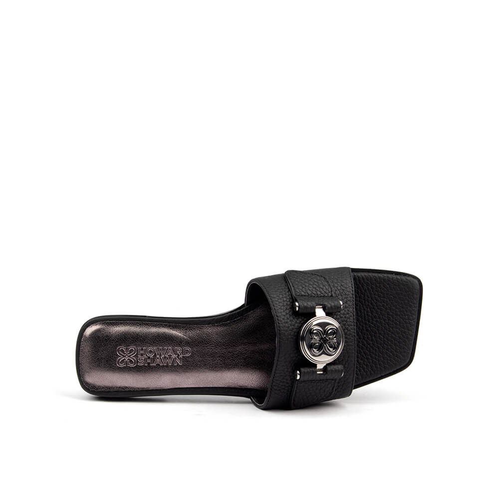 Black leather flat slide sandal silver logo