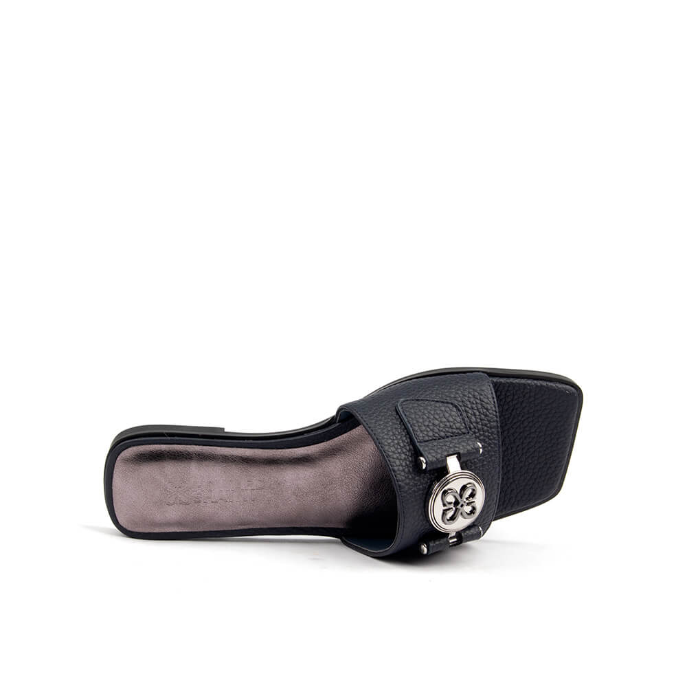 Navy leather flat sandal silver logo emblem square toe women