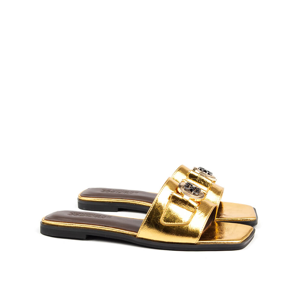 Chic gold metallic slide sandal with logo detail for summer or resort wear