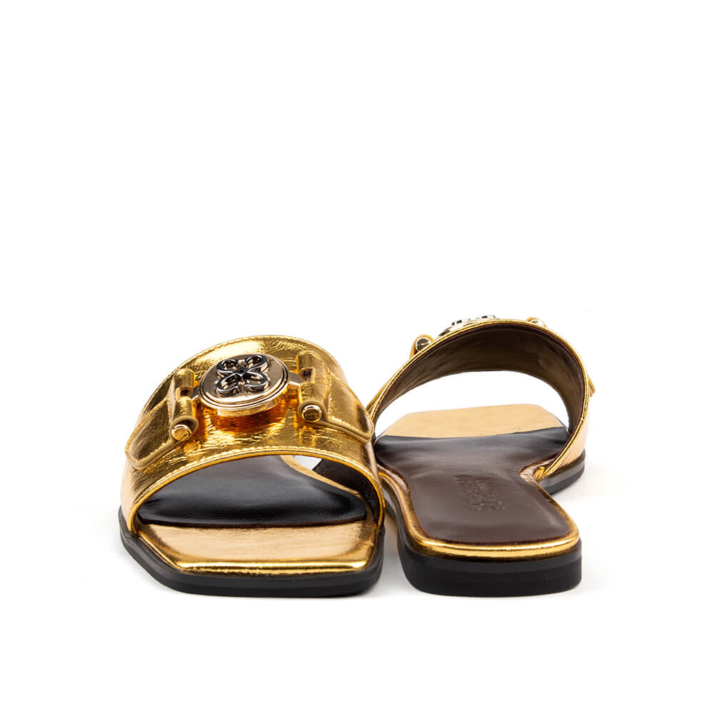 Gold metallic flat slide sandal logo charm