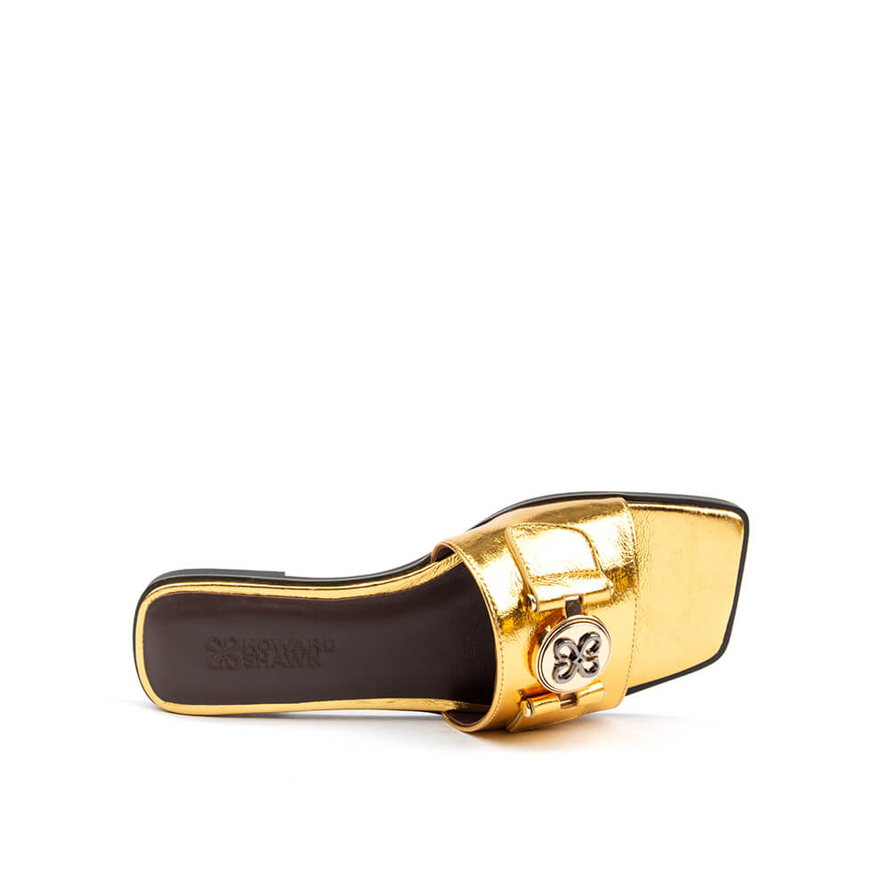 Women's gold mule sandal logo buckle