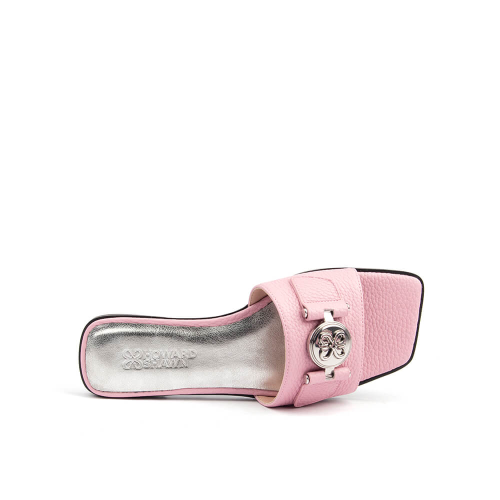 Pink leather flat slide sandal silver logo