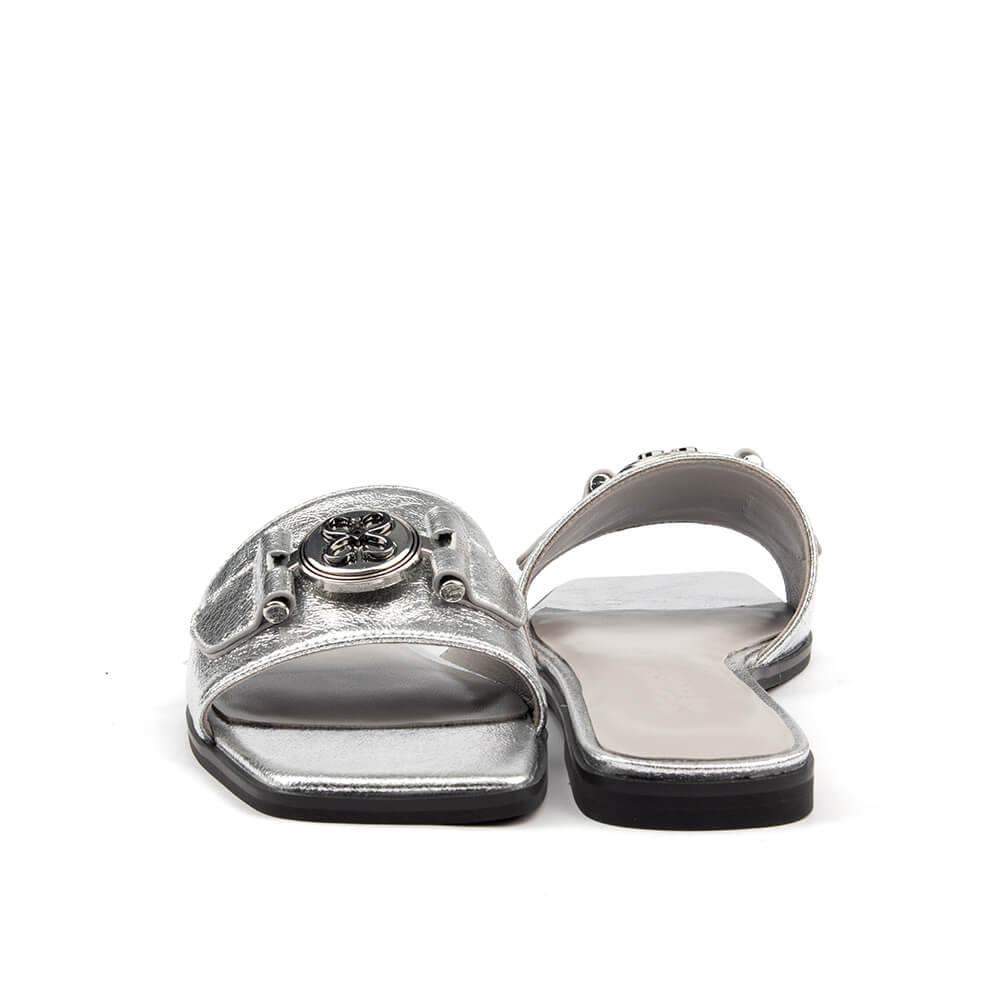 Silver metallic flat slide sandal logo view