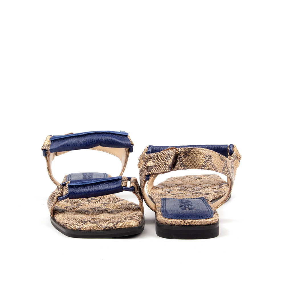 Desert snake flat sandals with toe loop and colour-pop navy buckle detail