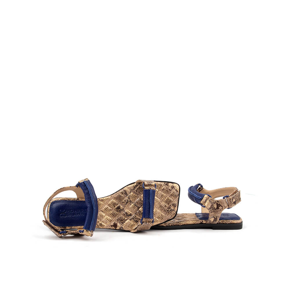 Women's python print sandals in brown and navy with square toe silhouette