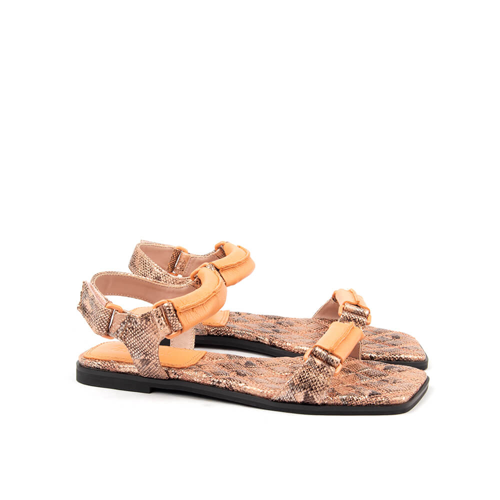 Women's flat summer sandals with brown snake print and orange ankle strap