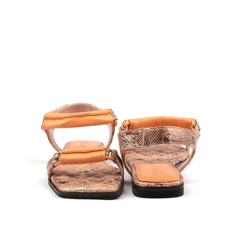 Women's python print sandals in peach and brown with square toe silhouette