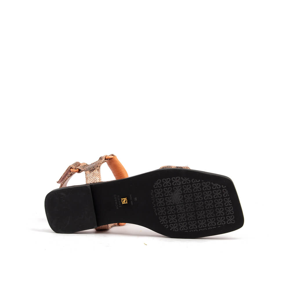 Peach snake summer sandals with adjustable buckle ankle strap — bottom view