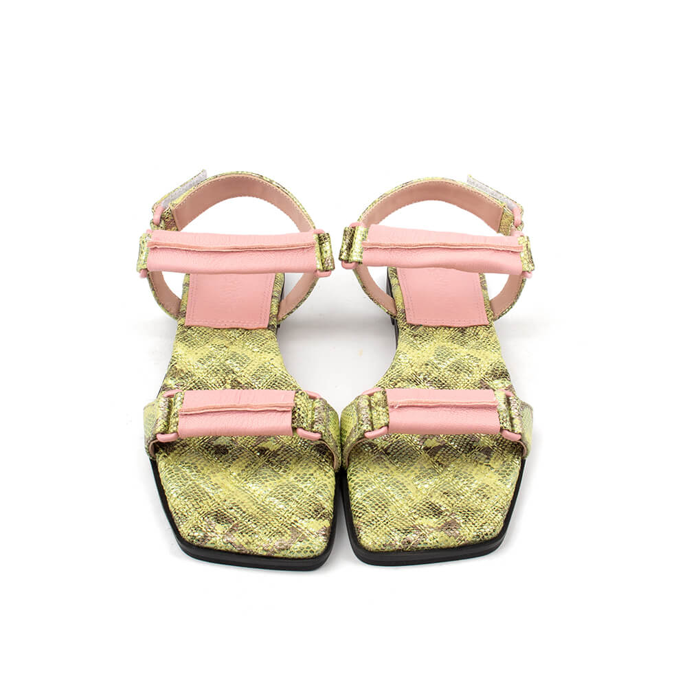 Lime snake flat sandals with toe loop and colour-pop pink buckle detail