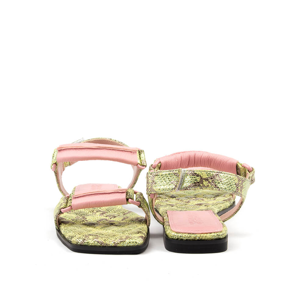 Women's python print sandals in lime and pink with square toe silhouette
