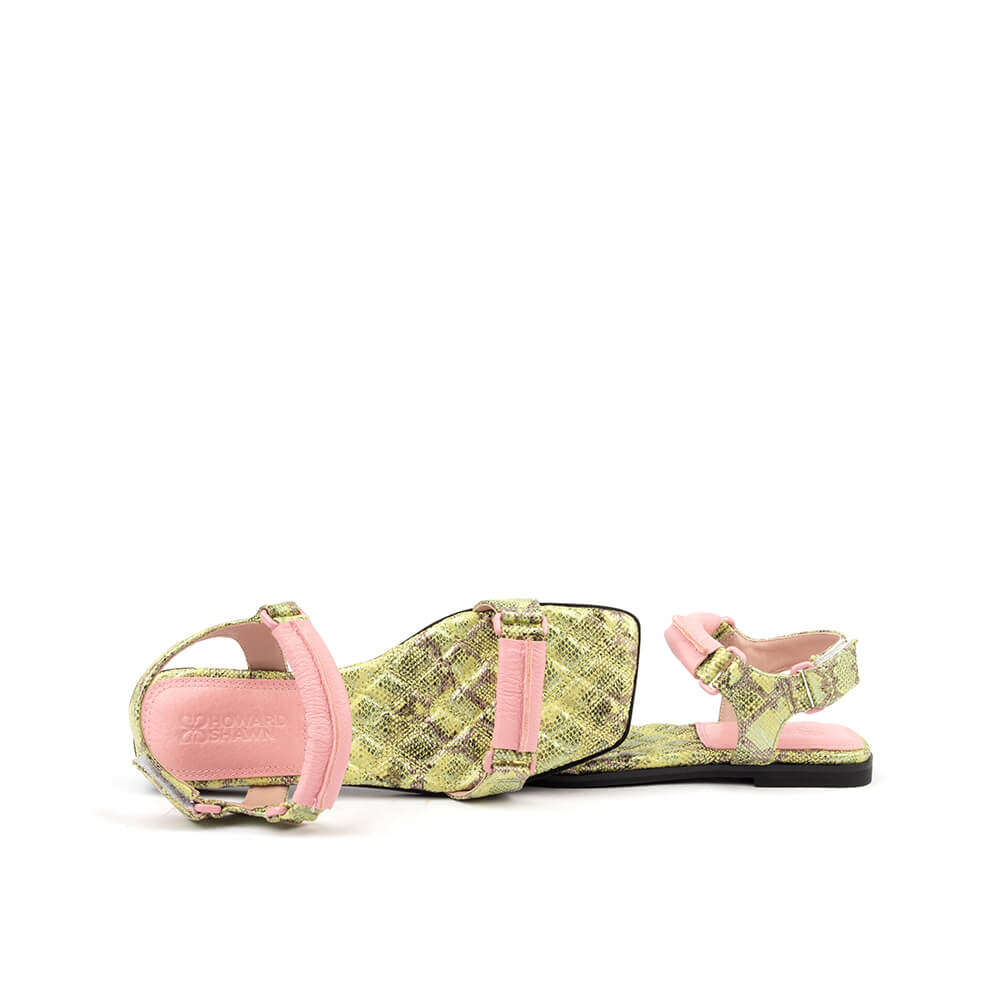 Snake embossed leather flat sandals with ankle strap in lime snake colorway