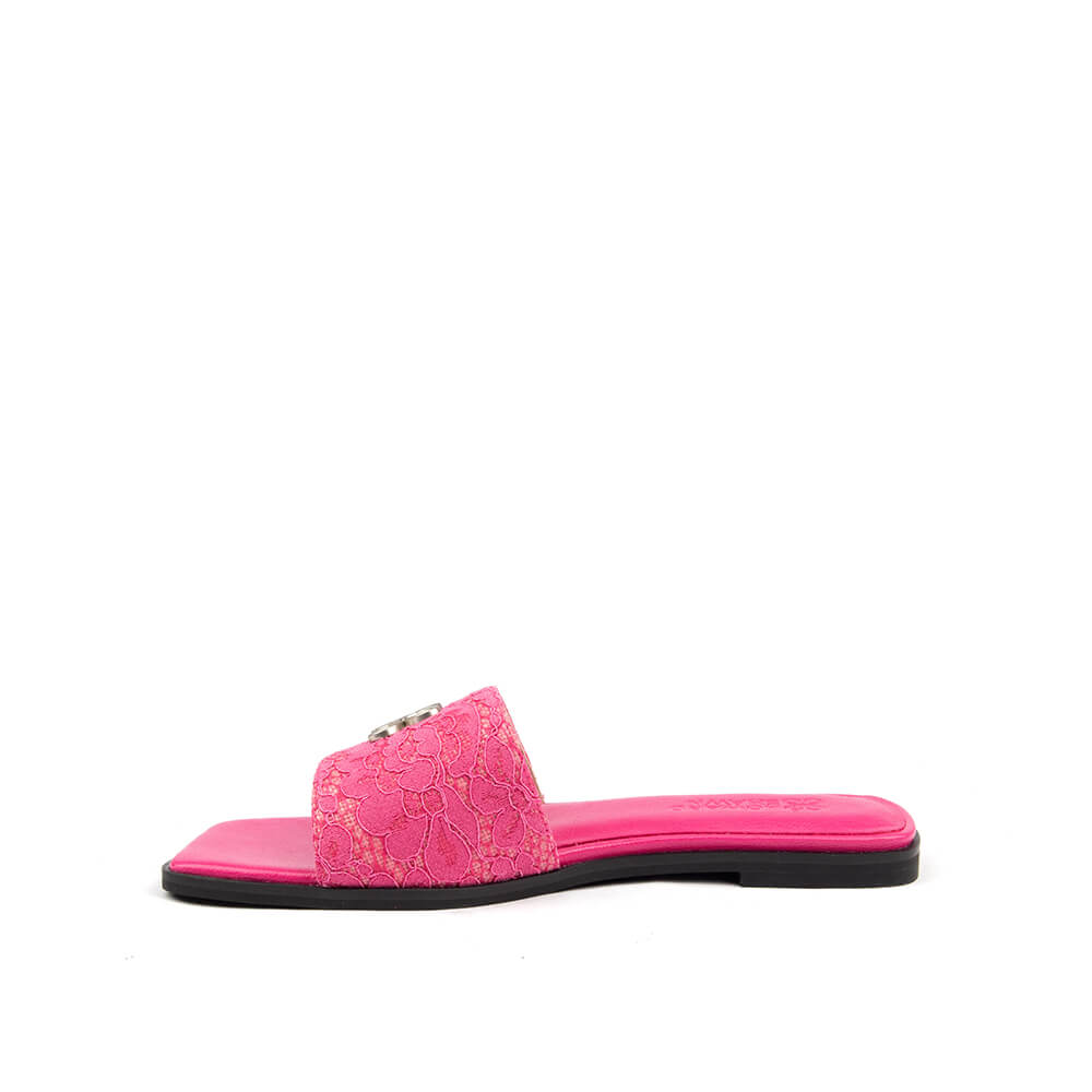 Women's slip-on flat sandals with floral lace overlay and silver hardware