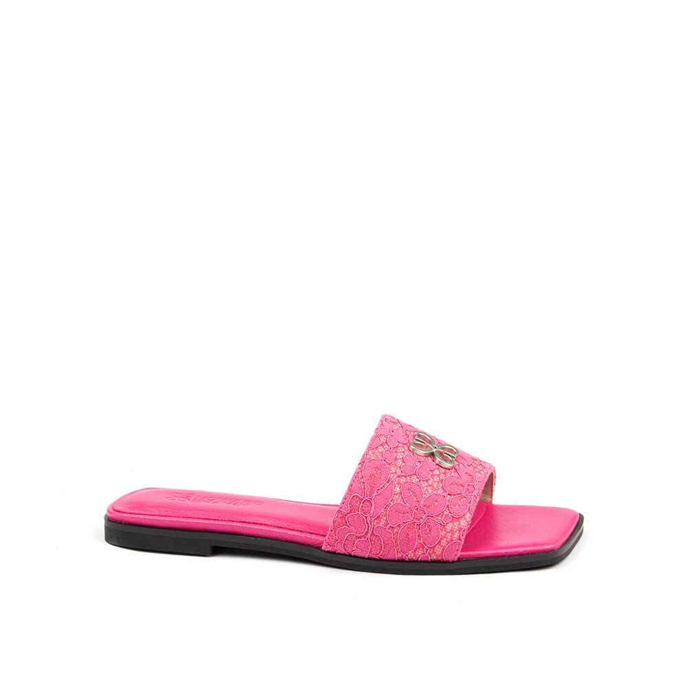 Pink lace mule sandals with square toe and smooth leather footbed