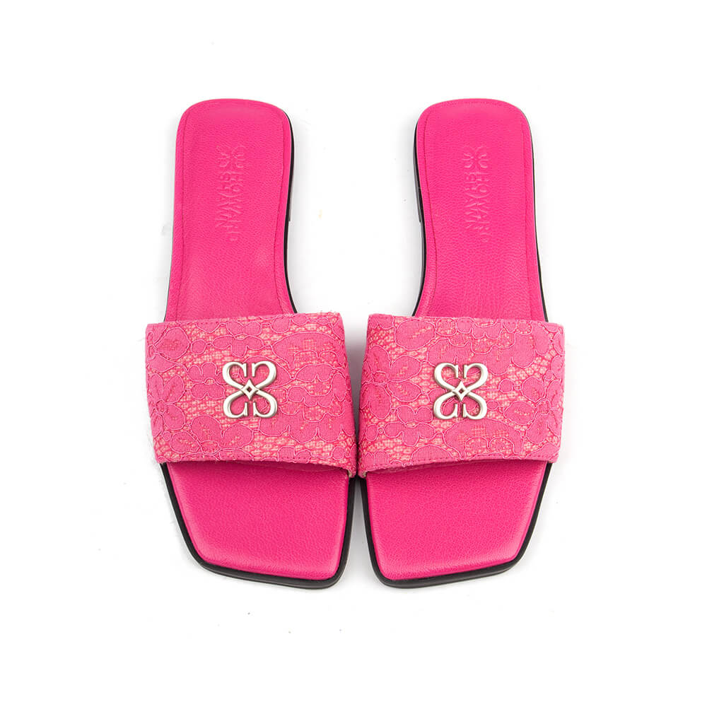 Women's square toe mule sandals with pink lace strap and signature emblem