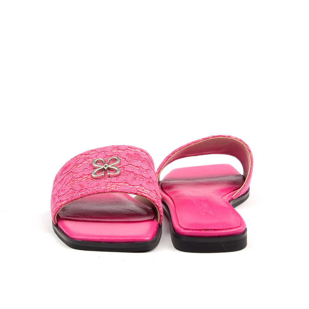 Women's summer flat slides in fuchsia pink with logo emblem and lace strap