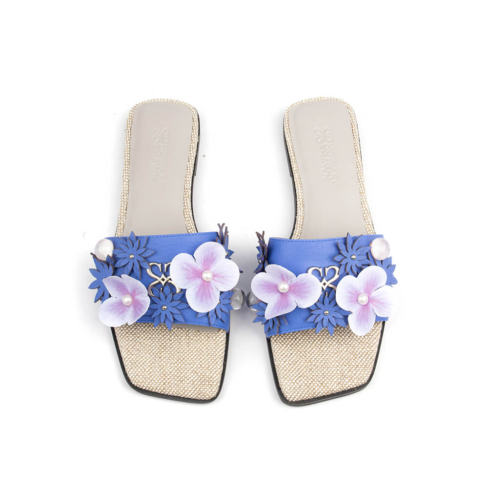 Cobalt bloom flat slides with handcrafted floral strap and pearl embellishments