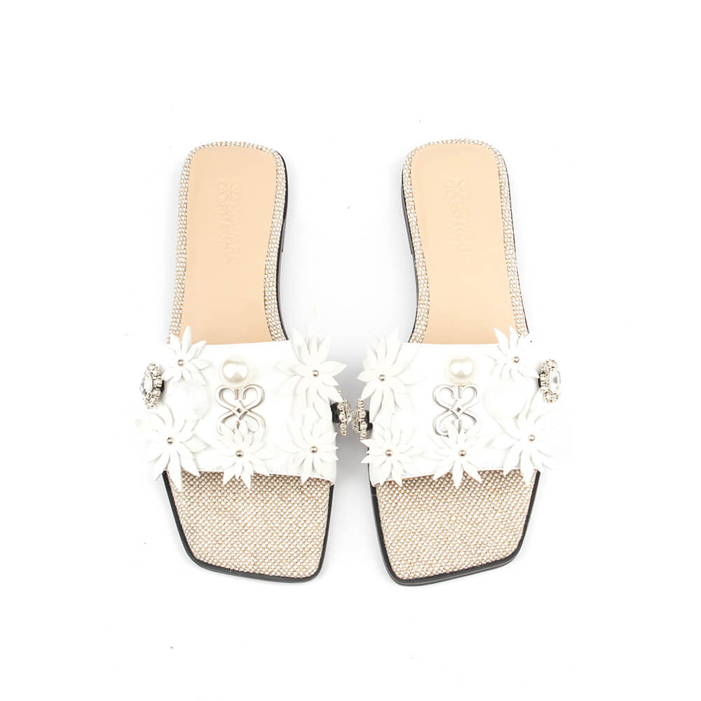 White pearl flat slides with handcrafted floral strap and crystal brooch embellishment