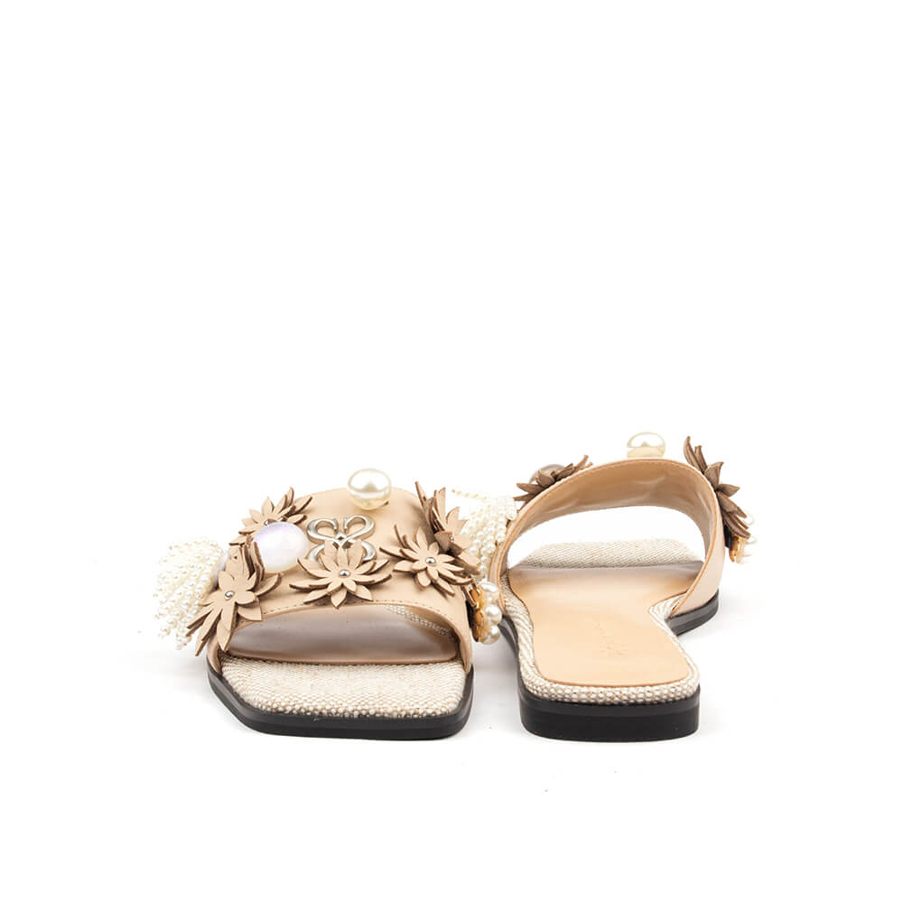 Sand blush flat slides with handcrafted floral strap and micro rhinestone footbed