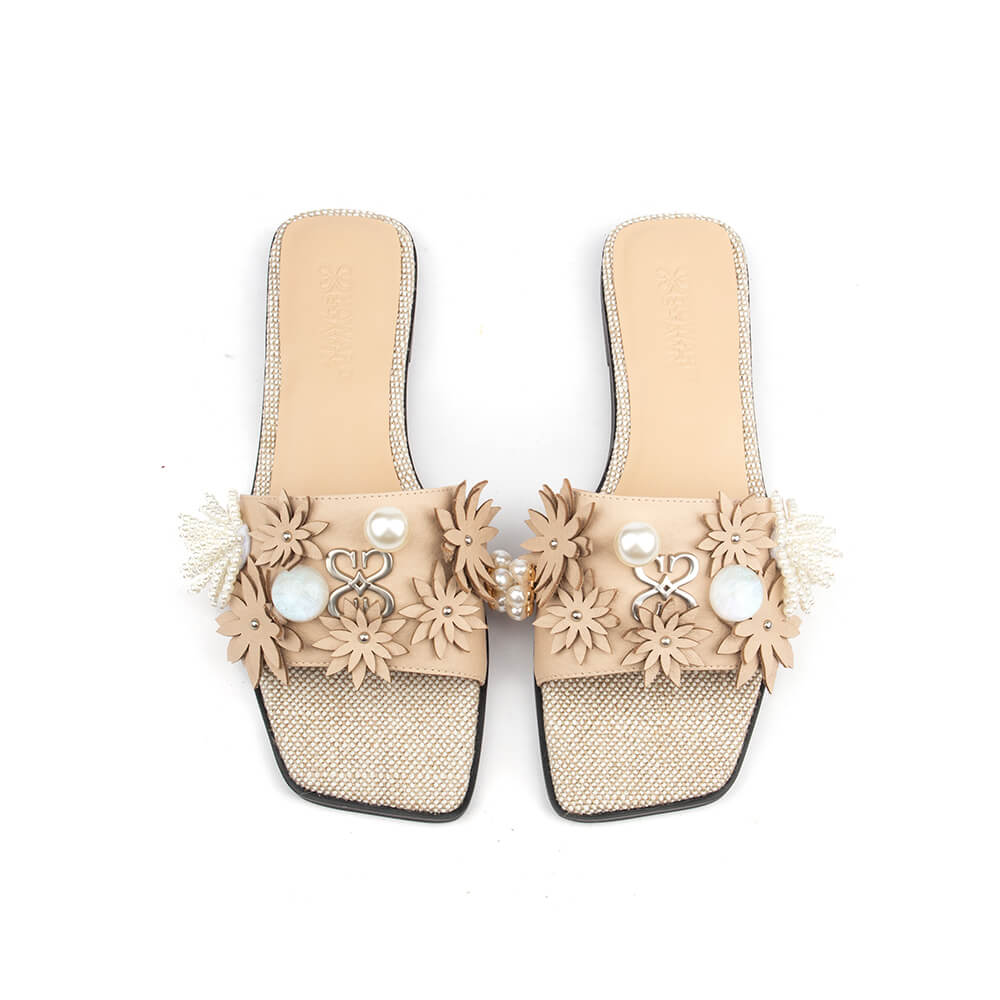Women's embellished summer sandals with 3D flowers and pearl tassel in beige
