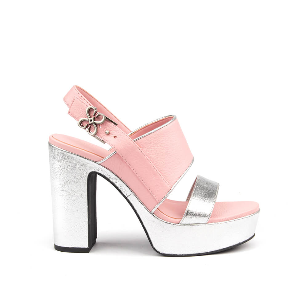 Pink and silver platform block heel sandals with logo buckle slingback strap