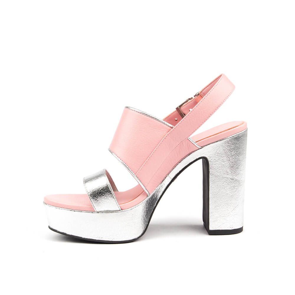 Women's chunky heel platform sandals in blush pink and silver metallic