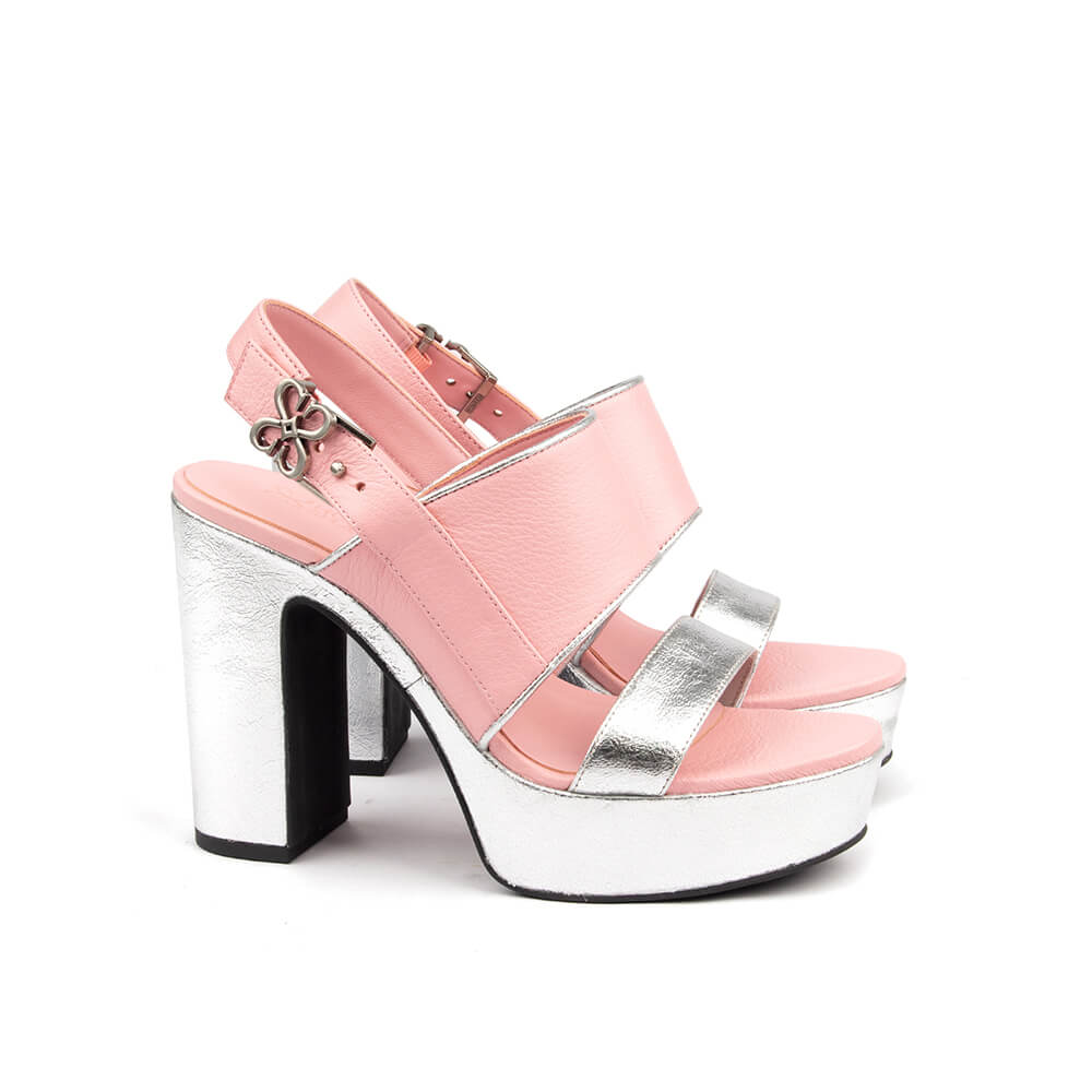 Women's high block heel sandals with silver metallic platform and logo buckle