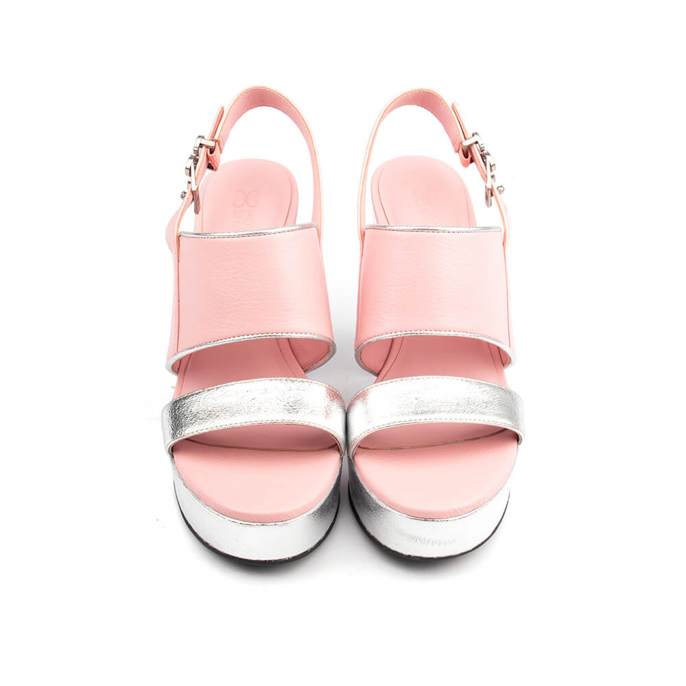 Pink leather slingback platform heels with silver chunky sole and open toe