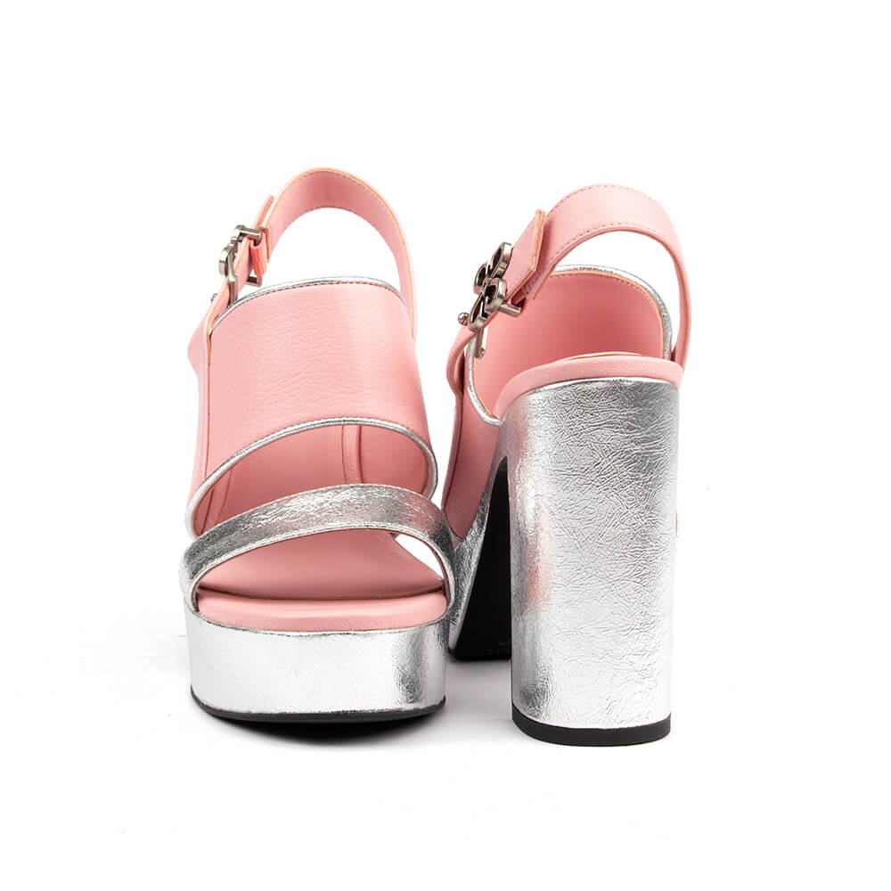 Women's statement platform sandals in pink and silver with logo buckle closure