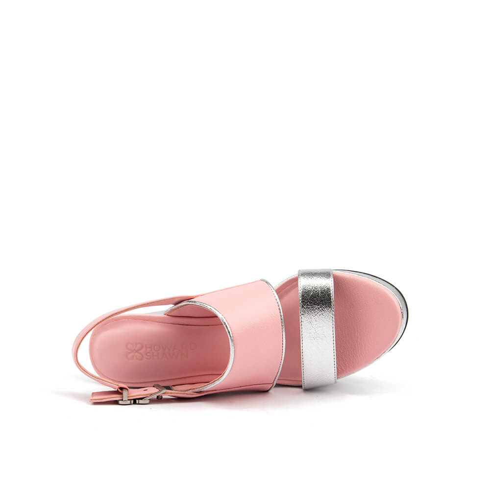 Blush pink platform block heels with metallic silver sole and ankle strap