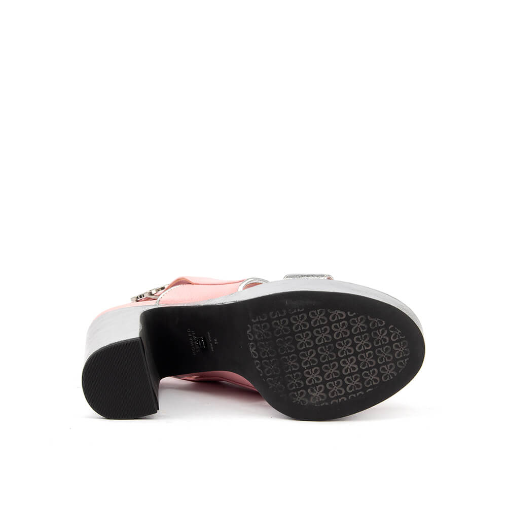Women's glamorous platform sandals with wide pink strap and silver platform
