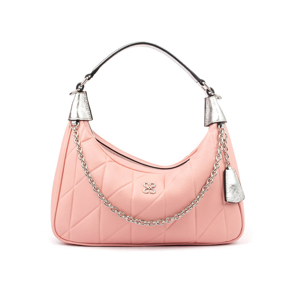 Women's quilted shoulder bag pink leather with gold chain and tassel accents