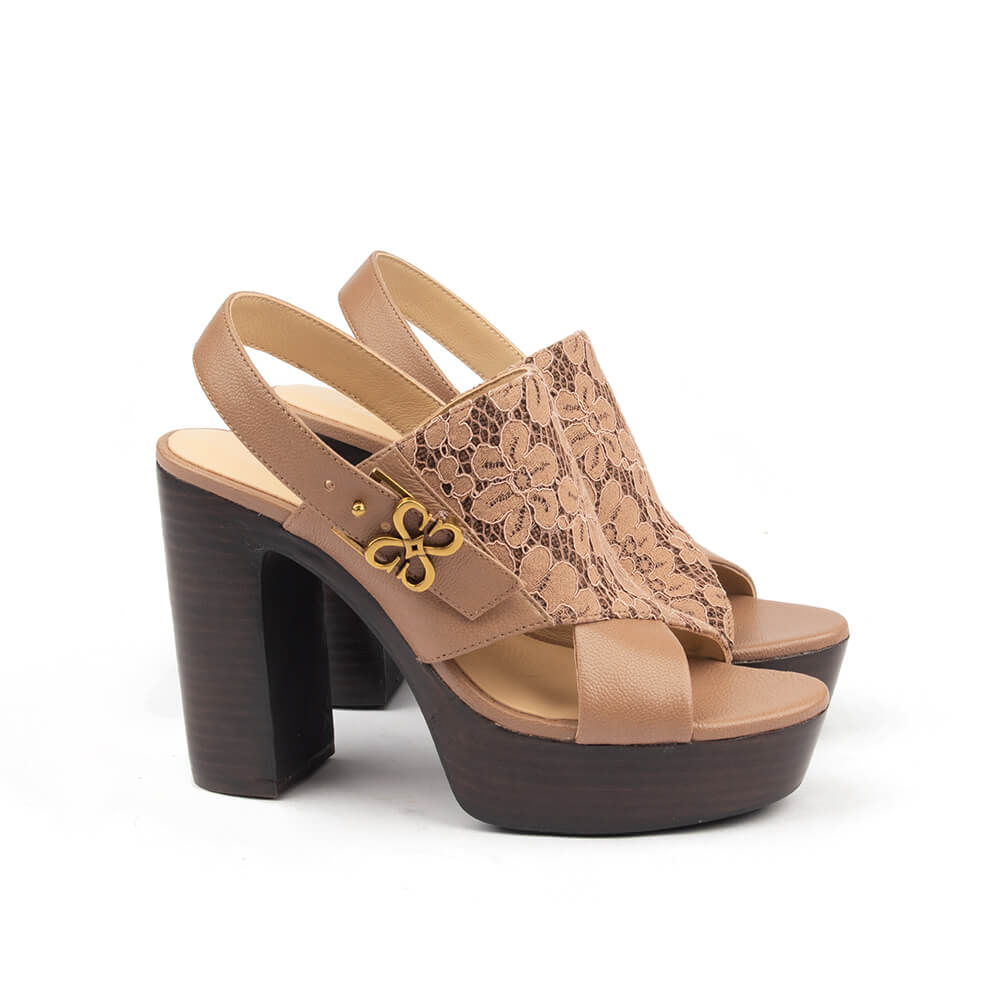 Women's platform slingback heels with sand lace overlay and dark wood-effect sole
