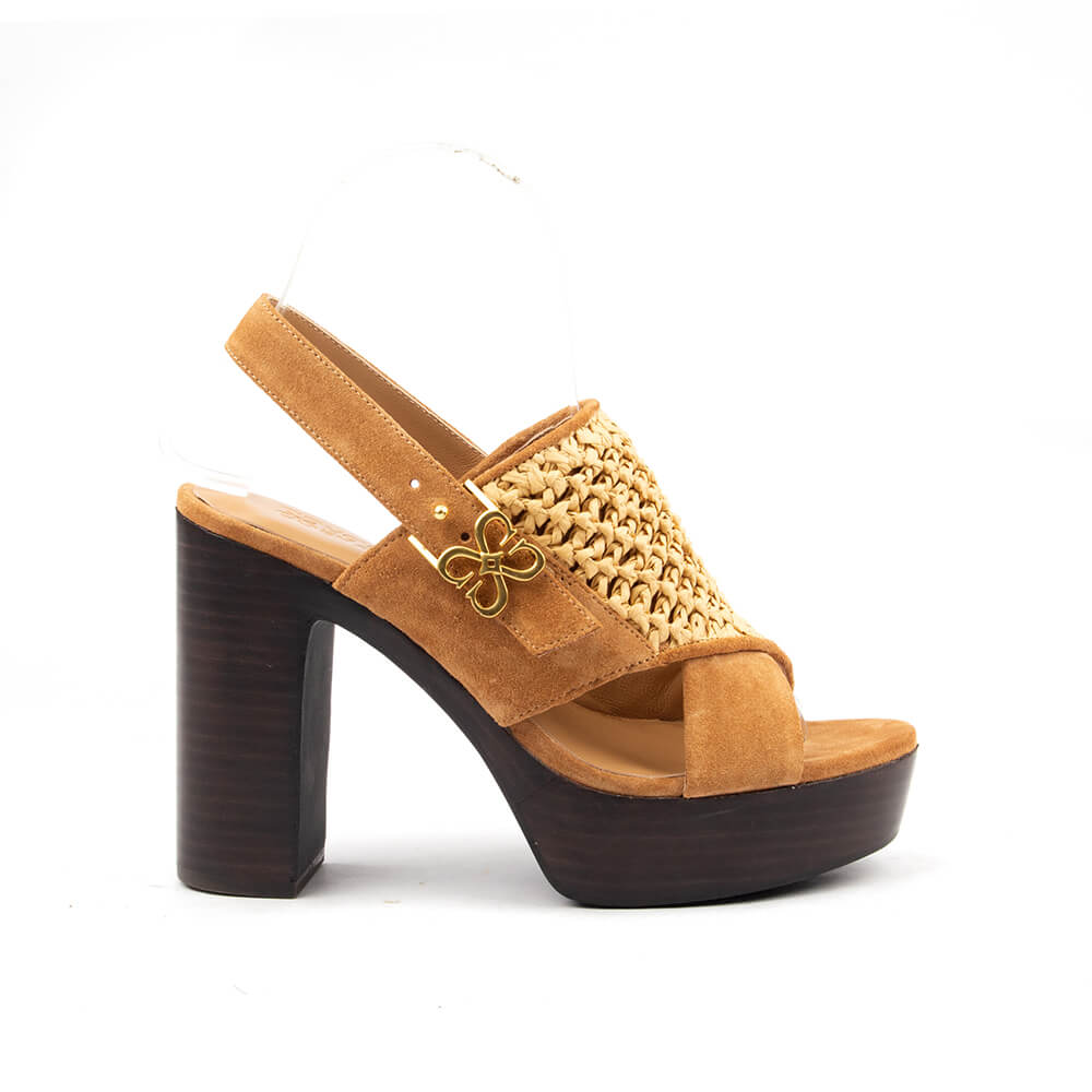 Woven raffia platform block heel sandals in tan suede with wood sole and gold logo buckle