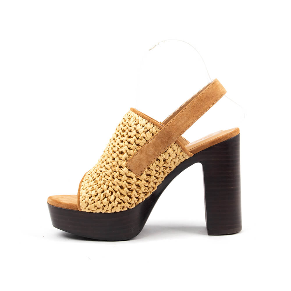Tan raffia block heel sandals with suede crisscross strap and gold logo hardware