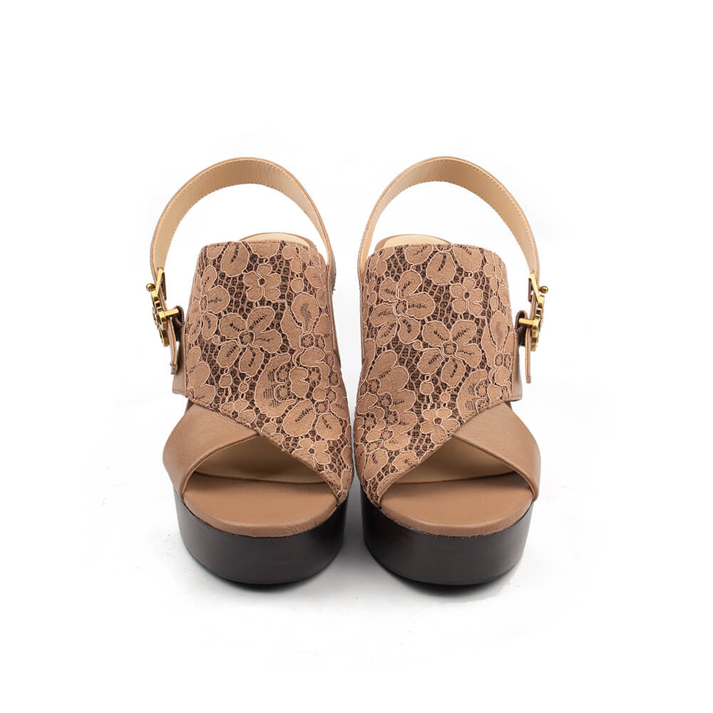 Women's neutral platform sandals with lace upper panel and chunky wood block heel