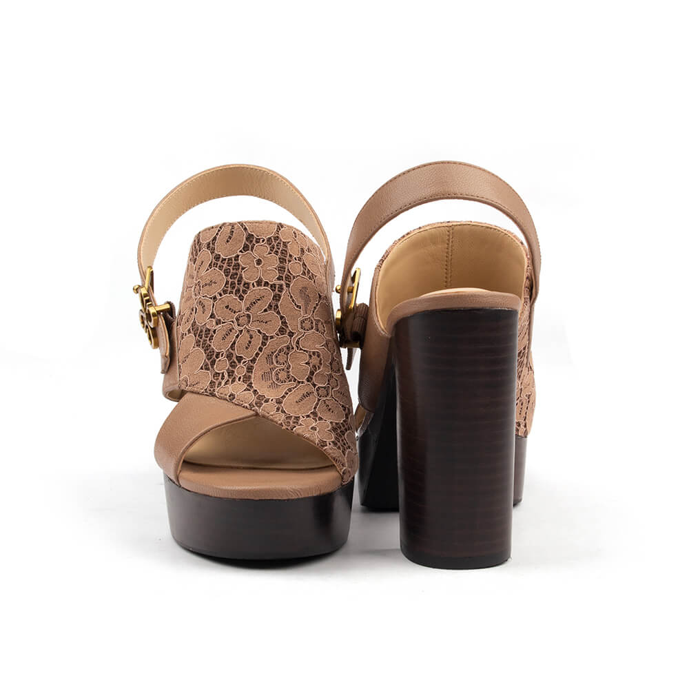 Nude open toe slingback with lace panel and gold logo buckle closure — side view
