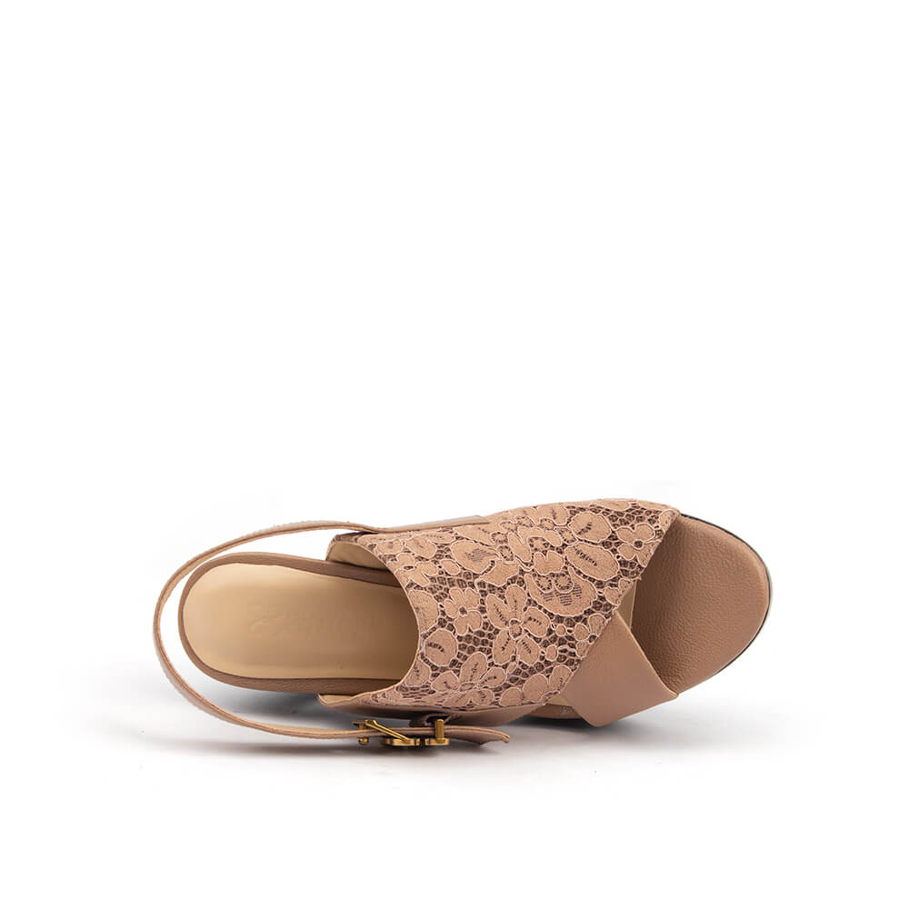 Women's platform heels in sand lace with dark wood sole and gold hardware