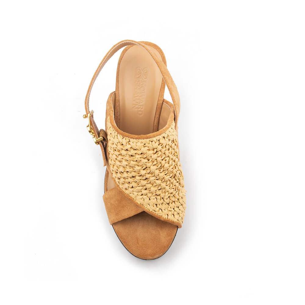 Women's platform slingback heels with raffia woven strap and dark wood-effect sole