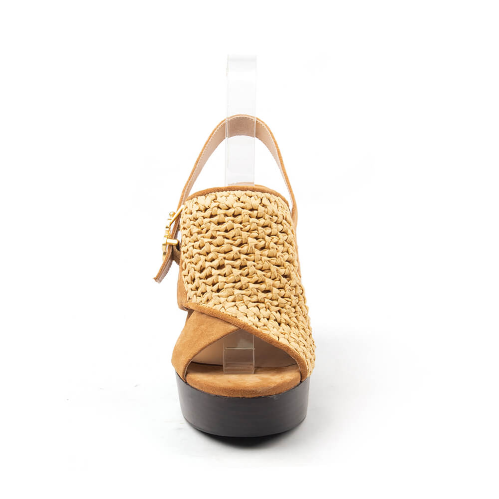 Women's 70s-inspired platform heels with woven strap and dark wood sole in tan