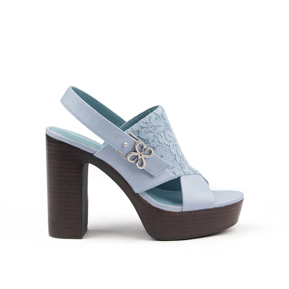 Floral lace platform block heel sandals in powder blue with silver logo buckle
