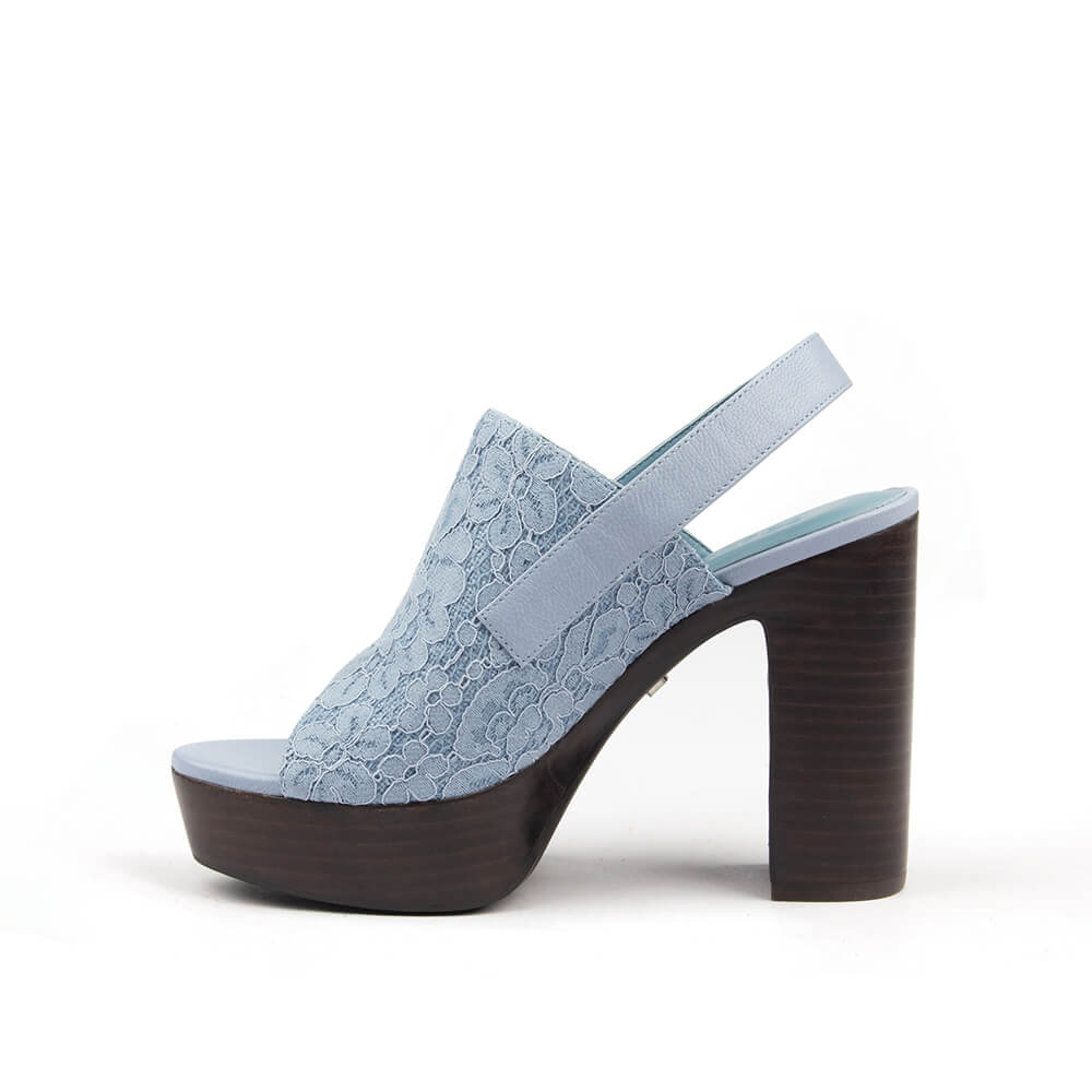 Women's platform slingback heels with blue lace overlay and dark wood-effect sole