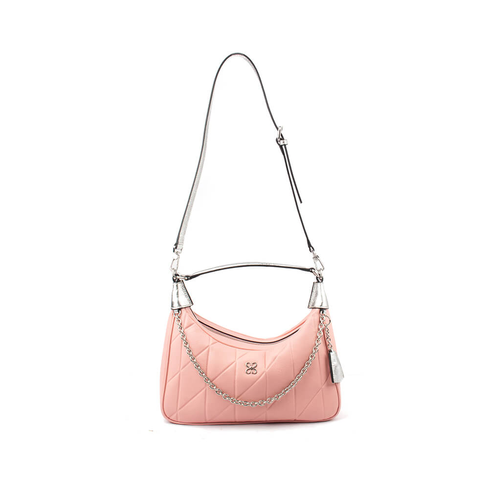 Pink crescent hobo bag with stitched quilt pattern gold chain and tassel accents