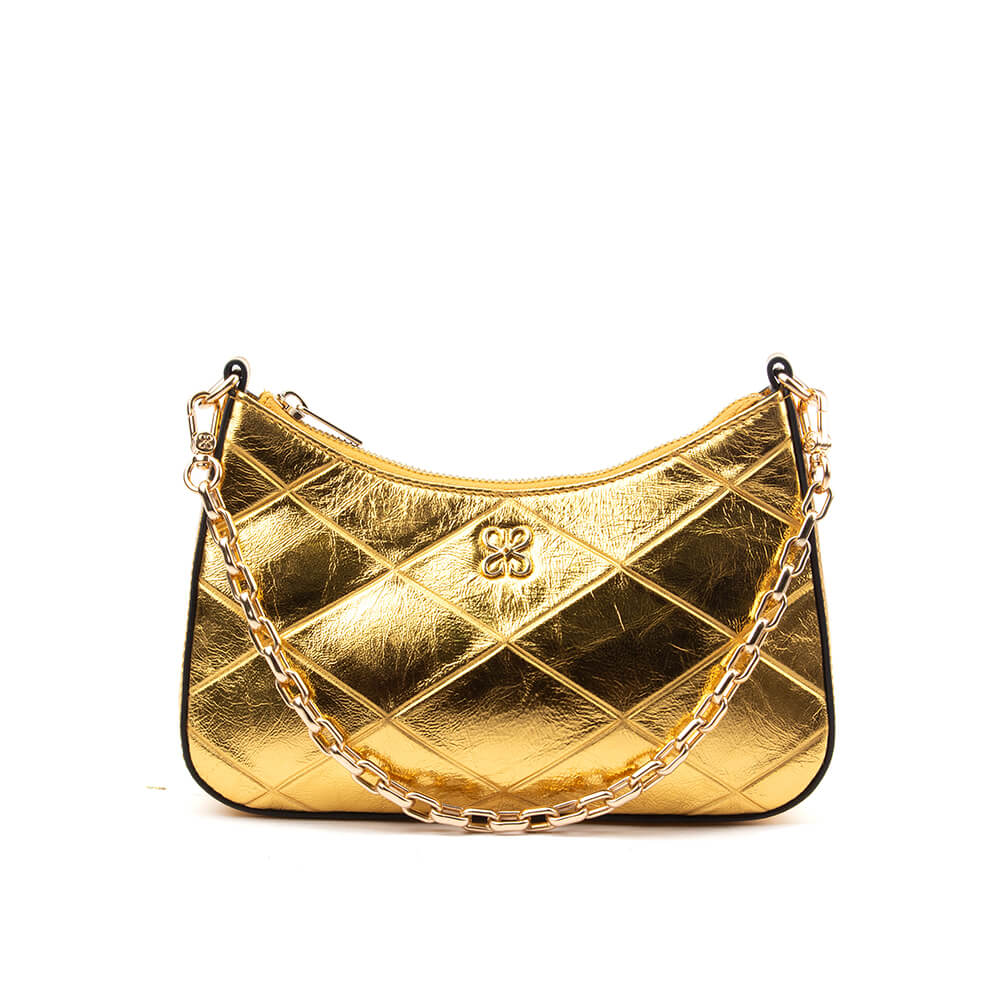 Gold metallic quilted shoulder bag with chain strap and logo emblem