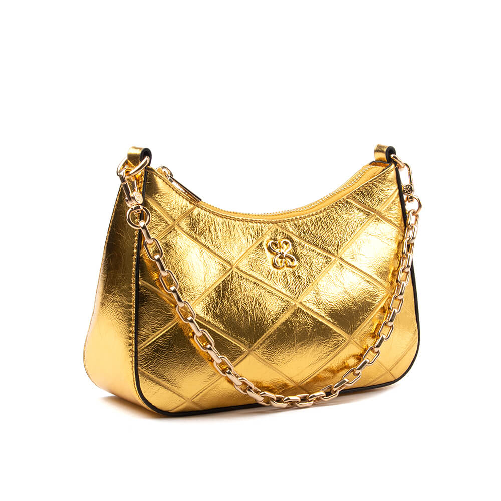 Women's quilted gold leather hobo bag with gold chain strap