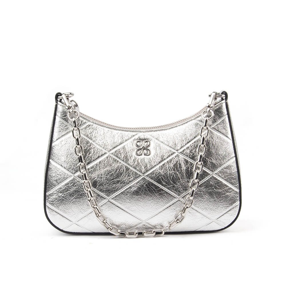 Crinkle metallic silver quilted leather bag with interlocking chain strap