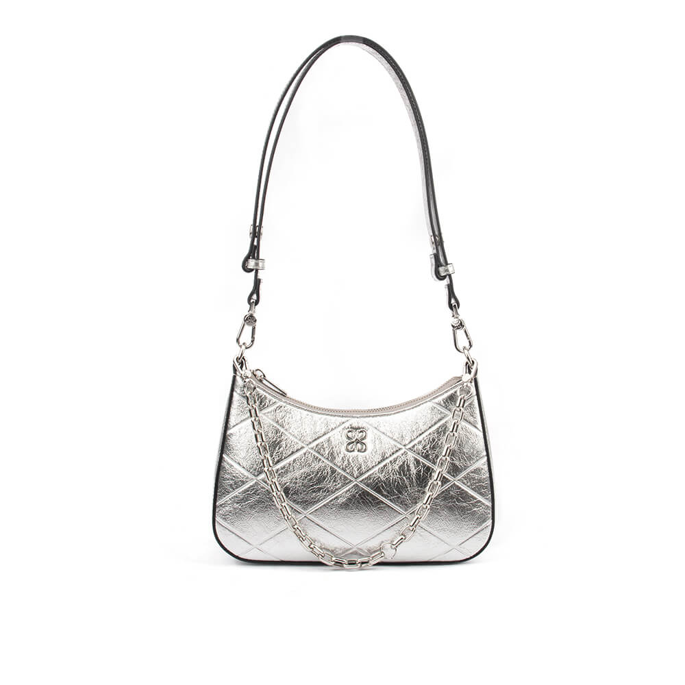 Diamond quilted silver foil leather mini bag with chain and monogram logo