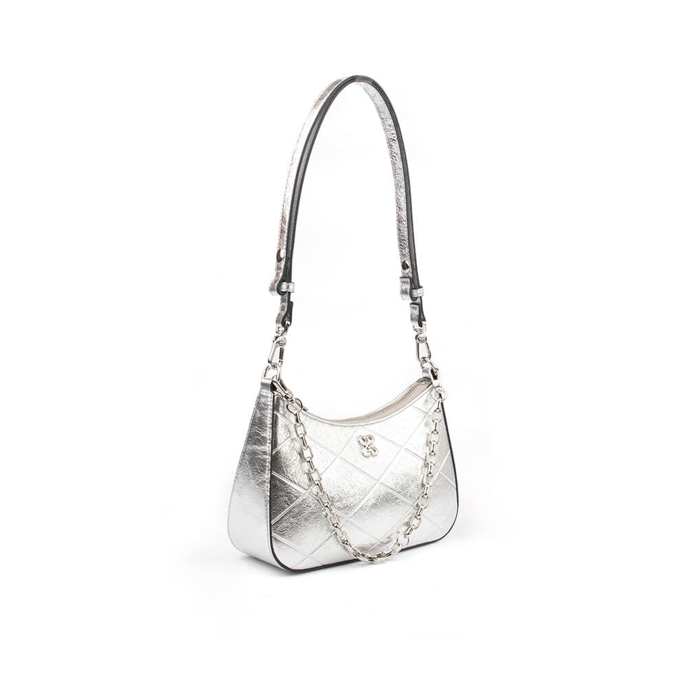 Women's silver metallic quilted shoulder bag with chain strap and logo charm
