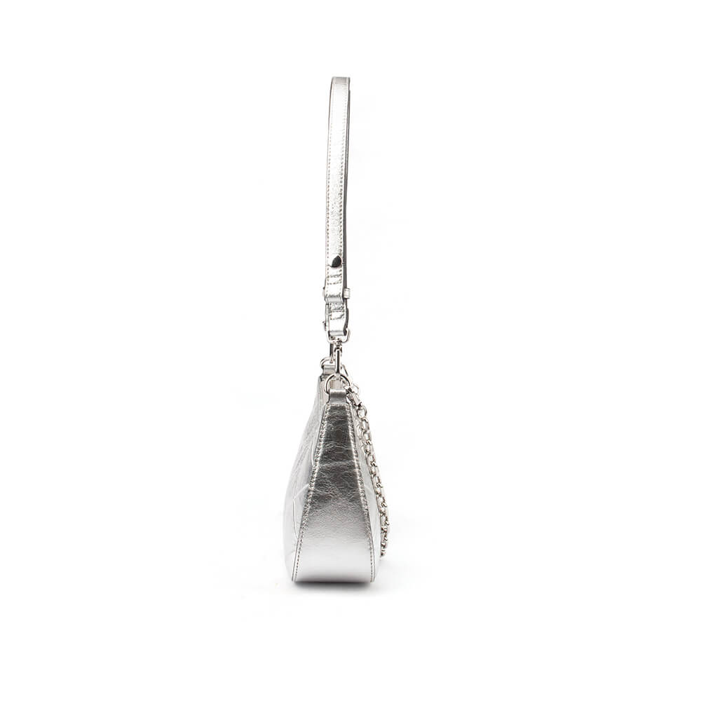 Silver quilted mini shoulder bag with chain strap