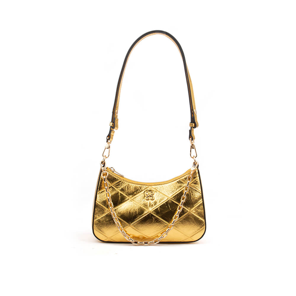 Trendy gold quilted mini hobo bag with chain for night out