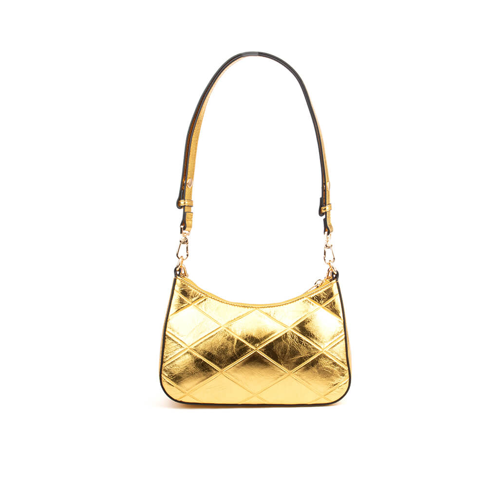 Shiny gold quilted mini shoulder bag with chain strap and logo charm